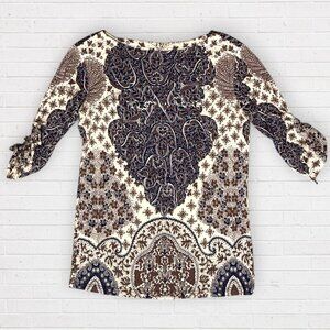 TORY BURCH Wide Neck 100% Silk Medallion Print Tunic Top Blue Brown Cream L
